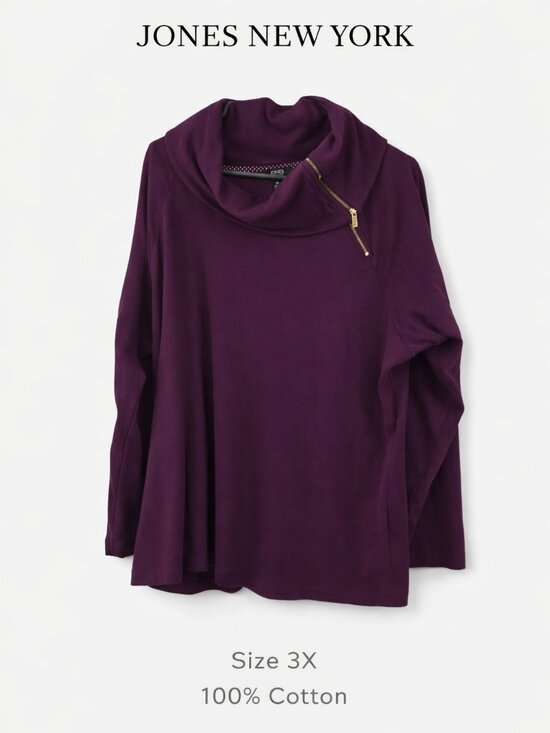 Jones New York Signature Tops - Jones New York Signature 3X Purple Cowl Neck Zip Accent Top 100% Cotton